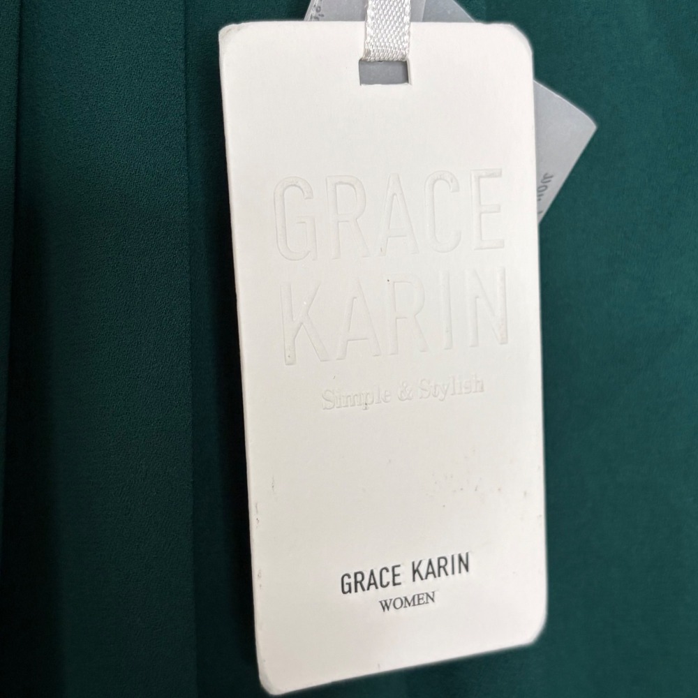 Grace Karin Emerald Green Ruffle Neck Blouse Small Smocked Cuff NWT - Picture 9 of 13